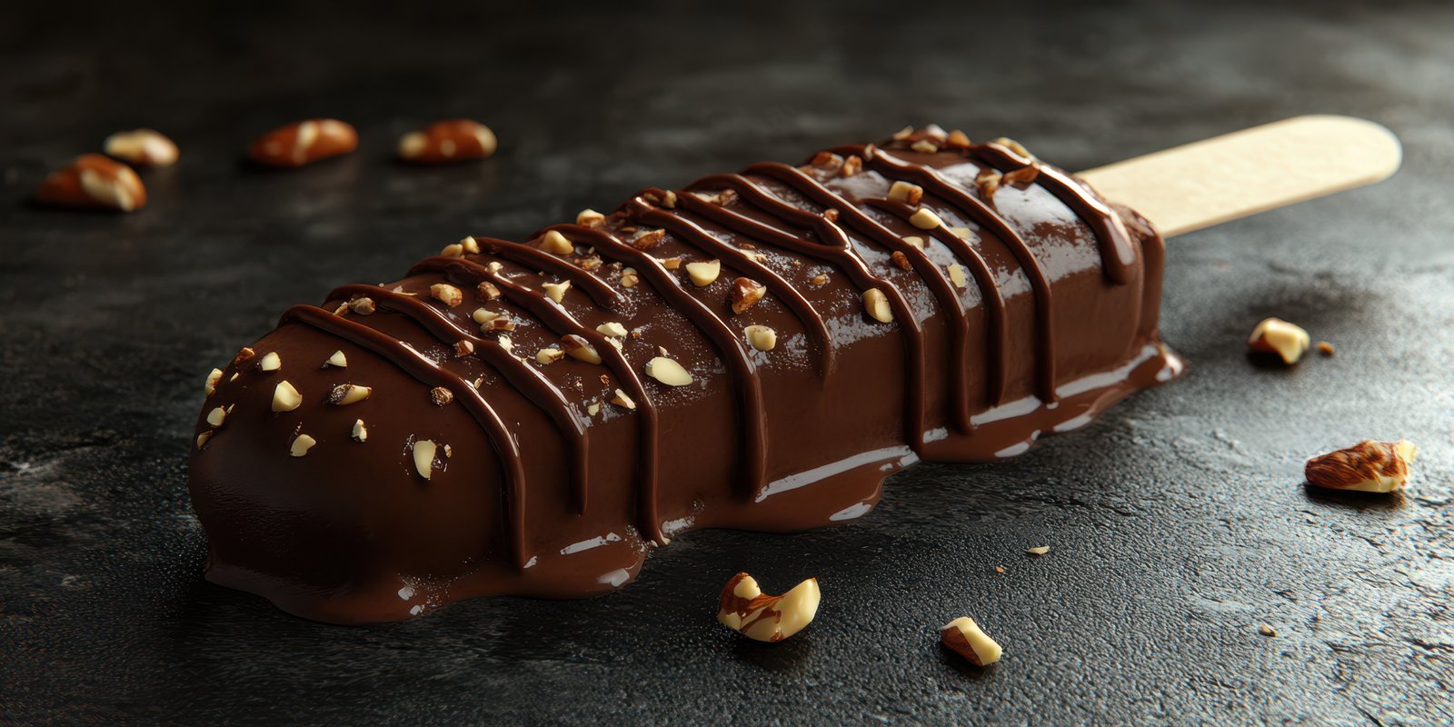 Chocolate frozen dessert with nut topping resting on a dark background ready to be enjoyed as a sweet treat